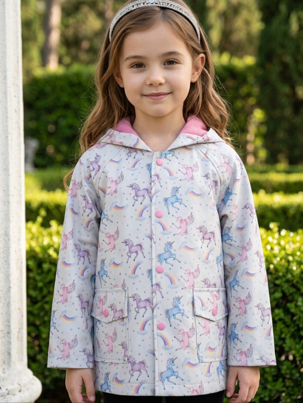 Powell Craft raincoat with rainbow unicorn pattern. Unicorn Print Hooded Jacket